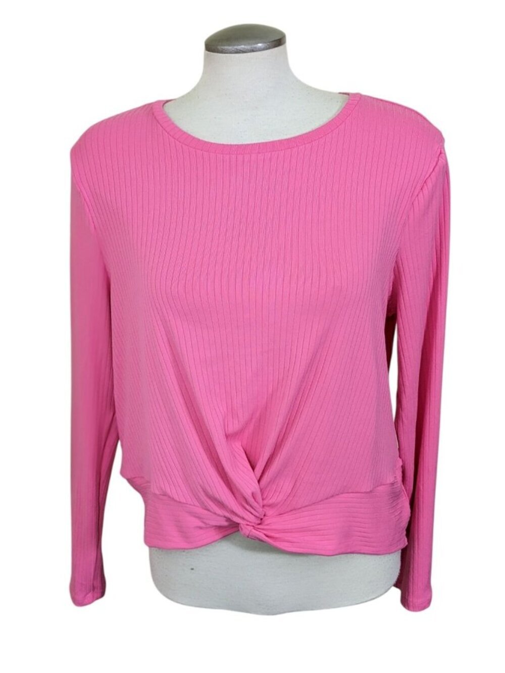 Womens Ribbed Long Sleeve Gathered Front Sweater Top XL Pink Stretch Soft New
